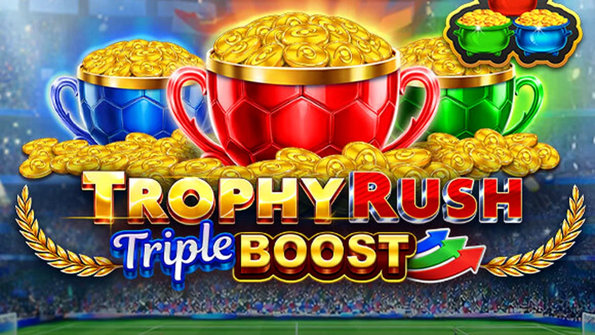 Trophy Rush Triple Boost slot game interface featuring golden coins and stadium theme